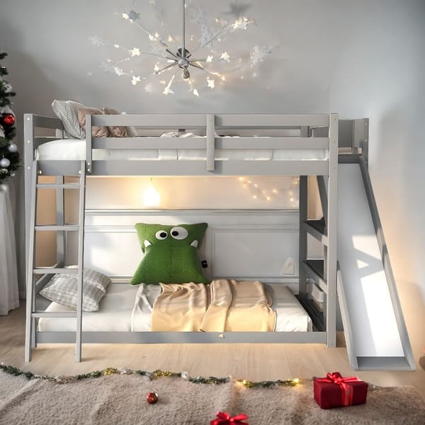 slide 2 of 15, Full Over Full Bunk Bed With Ladder,Slide And Shelves for Bedroom Grey