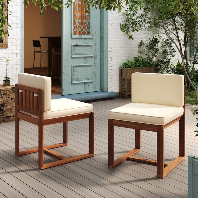 Roomfitters Outdoor Wooden Chairs with Cushioned Back and Seat, Modern Patio Seating Set of 2, Beige - Beige