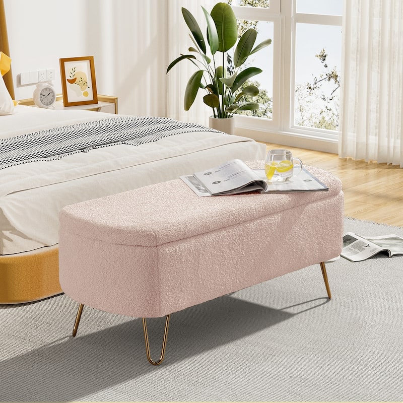 Ouyessir Modern Sherpa Storage Bench, Ottoman with Storage - Pink