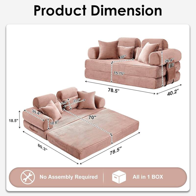 Convertible Sleeper Sofa Bed, 78.5" Corduroy Foldable Loveseat Sofa, King Size Floor Mattress Couch, No Assembly Required