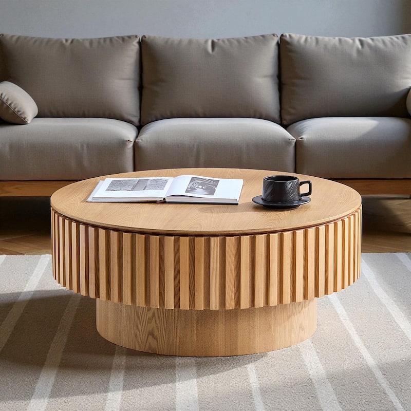 31.49'' Modern Round Coffee Table with Storage, Small Pedestal Coffee Table for Apartment or Living Room - Natural Ash