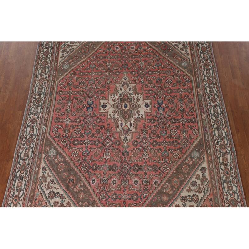 Geometric Pink Hamedan Persian Vintage Rug Hand-Knotted Wool Carpet - 6'7"x 9'7"