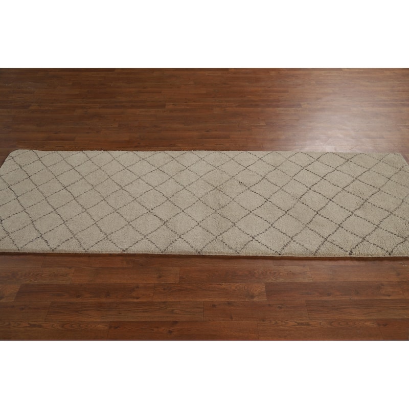 Beige Trellis Moroccan Oriental Runner Rug Handmade Wool Carpet - 2'7" x 7'9"