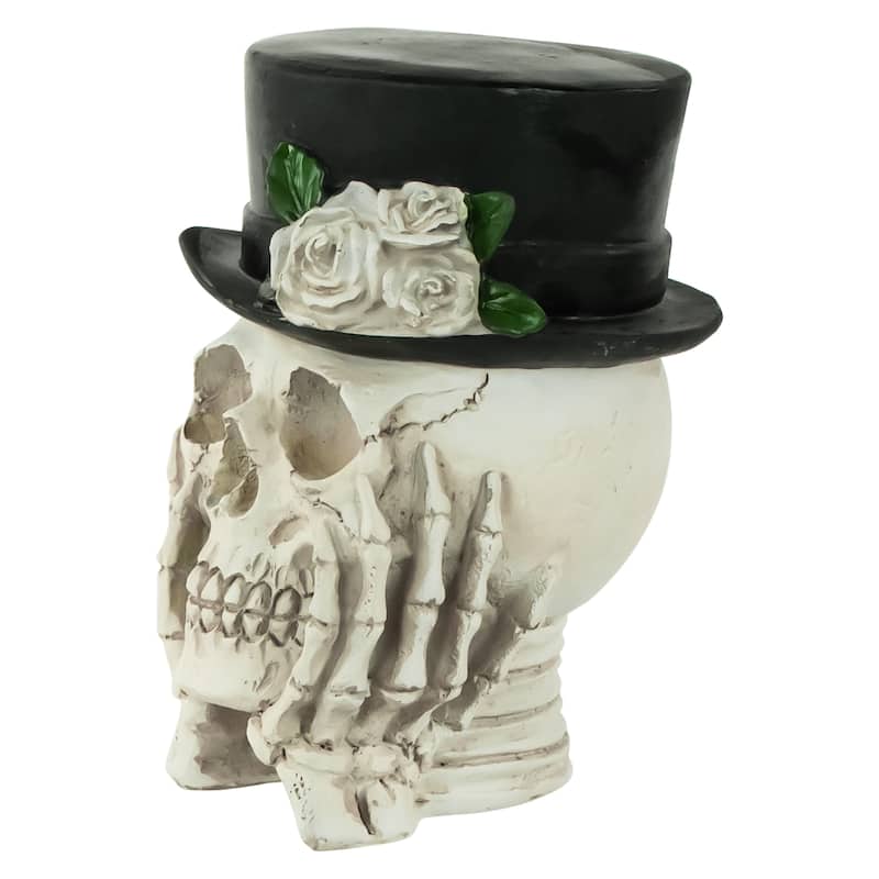 9" Skull with Top Hat and Roses Halloween Decoration