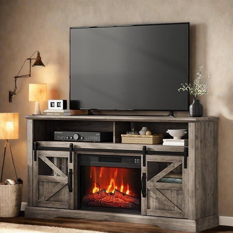 Farmhouse Electric Fireplace TV Stand Entertainment Center for Living Room, Grey