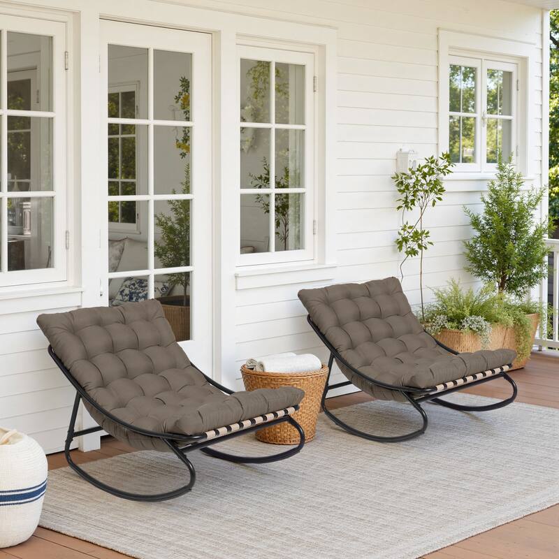 Outdoor Metal Frame Rocking Chair with Water-Resistant Cushions - Coffee/2 Set - 2 Set