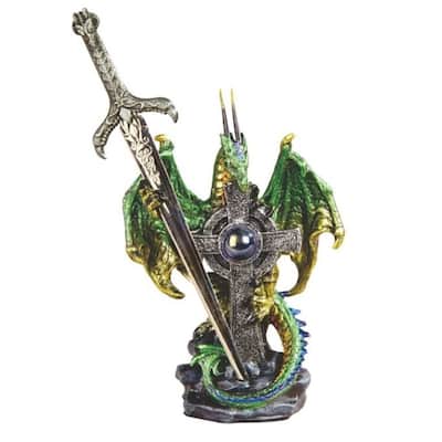 Q-Max 5"H Green Dragon with Sword Embracing Cross Statue Fantasy Decoration Figurine