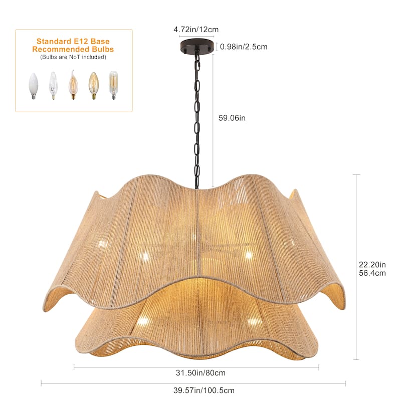 8-Light Matte Black 2-Tiered Hand Woven Natural Rattan Chandelier Modern Ceiling Light - 39.57 Wide