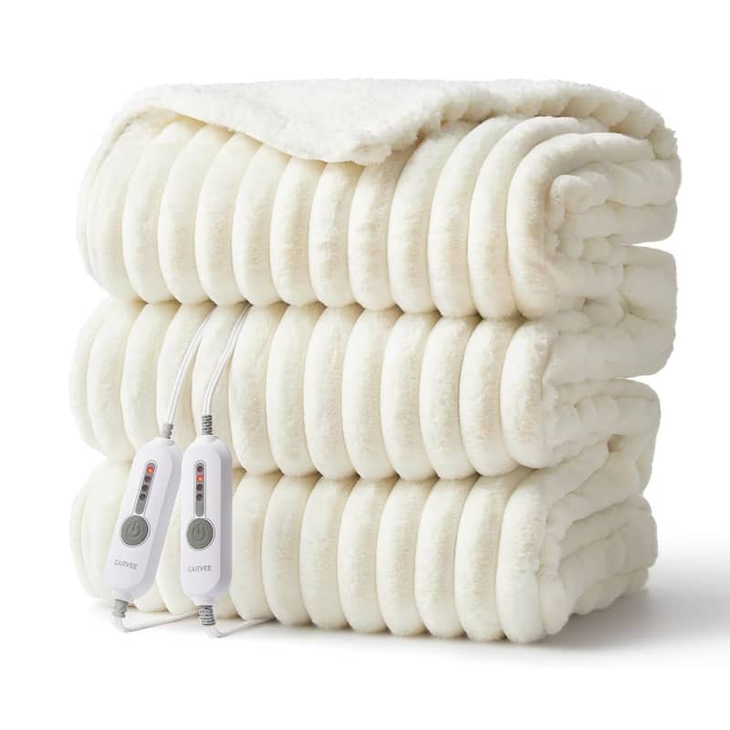 Cozy Faux Rabbit Fur Electric Blanket Heated Throw, Beige - 50"x60"