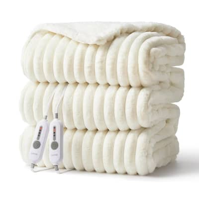 Cozy Faux Rabbit Fur Electric Blanket Heated Throw, Beige