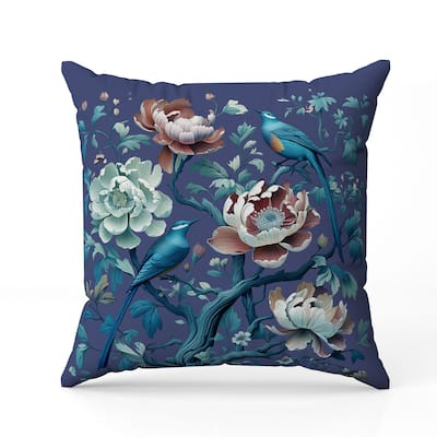 Botanical Bird Ensemble Indoor/Outdoor Reversible Throw Pillow Blue and Red