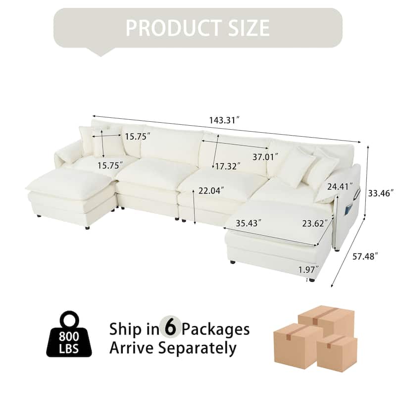 Modern Modular 6 Seat Sofa with Deep Dual Layer Cushions and Storage Pockets for Living Room and Guest Room