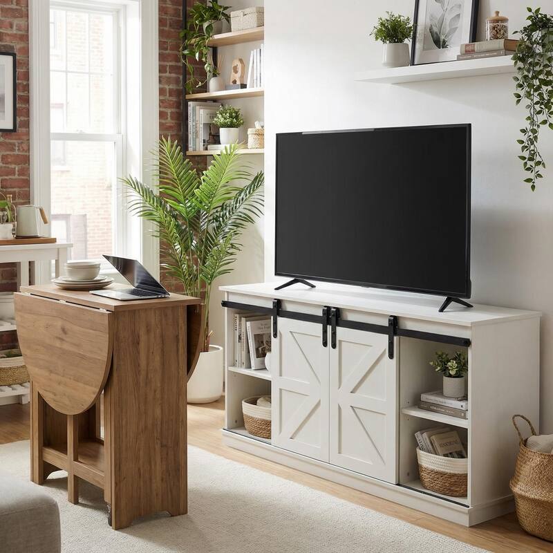 Homy Casa 58'' Farmhouse TV Stand. Sliding Barn Doors, Storage Cabinet - White