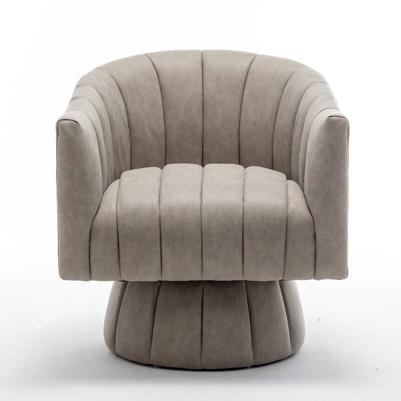 SEYNAR Mid-Century Swivel PU Leather Tufted Round Accent Barrel Chair - Dark Apricot