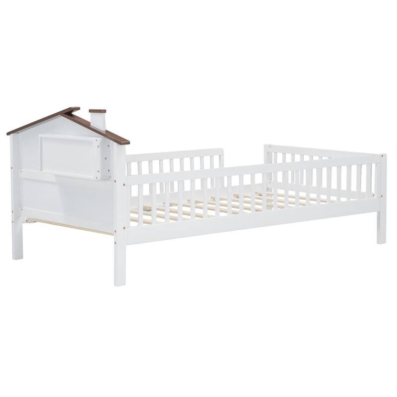 Twin/Full Size House Platform Bed with LED Light and Fence Guardrails, Wooden Kids Bed Frame with House Shaped Headboard