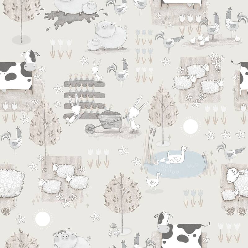 Galerie Wallcoverings Tiny Tots 2 Farmland Animals Non-woven Matte Wallpaper Roll - 33 feet x 21 inches - Greige