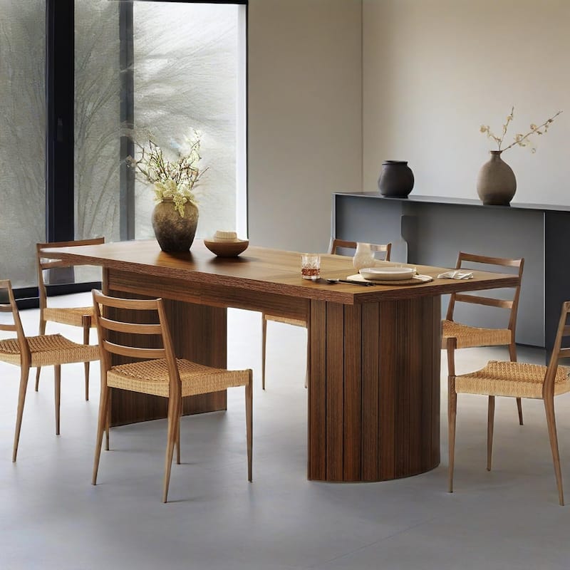 Rectangular Dining Table for 6 People Brown E1 Wood Table with Dual Pedestal Base and Fence Inspired Detailing