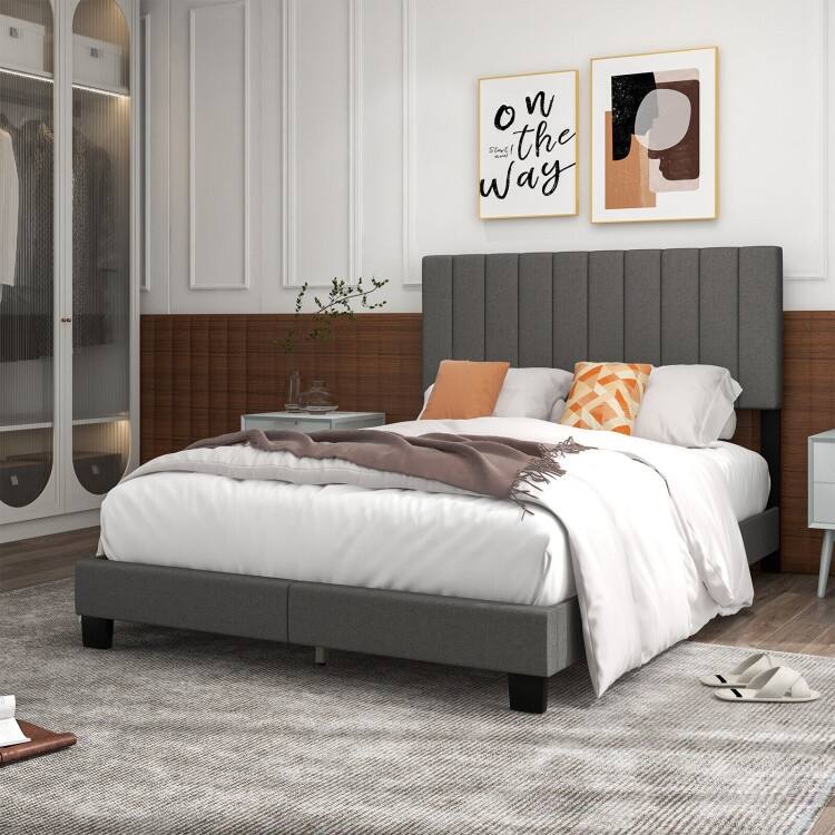 Queen Size Upholstered Bed Frame with Vertical Channel Tufted Headboard Gray
