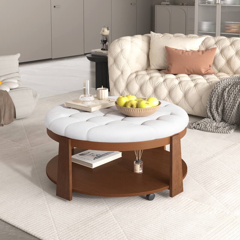 Modern Large Round Ottoman Coffee Table 2-Tier Oversized Button Tufted Ottoman with Wood Shelf Storage Upholstered Coffee Table