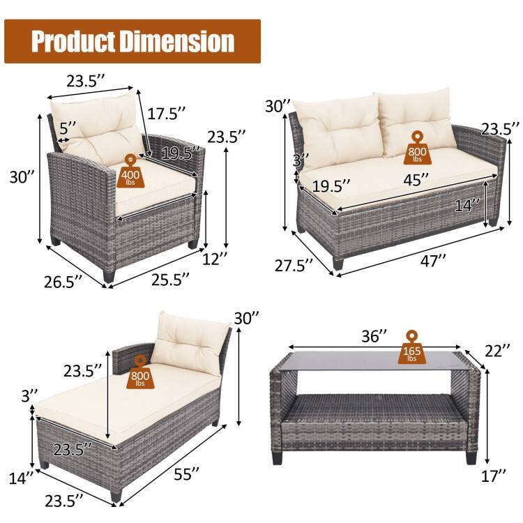 4 Pieces Patio Rattan Furniture Set with Cushion and Table Shelf - 27.5" x 47" x 30" (L x W x H)