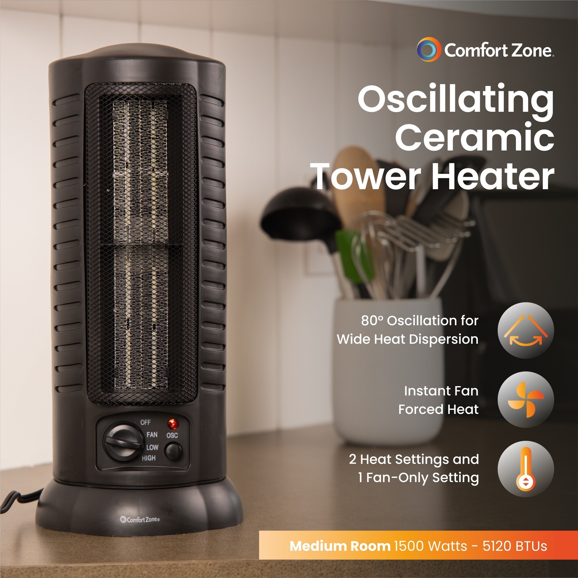 Comfort Zone CZ488 1500 Watt Mini Oscillating Ceramic Tower Heater - Bed  Bath u0026 Beyond - 12442485