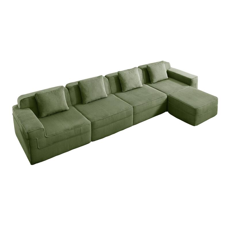 GDFStudio - Corduroy Modular 4-Seater 153.5" L-Shaped Boneless Cloud Sofa with Ottoman
