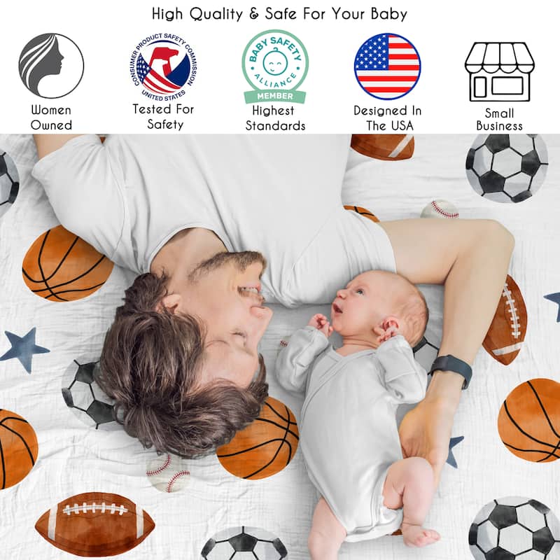 Sweet Jojo Designs Sports Theme Boy 2 Pack 100% Cotton Muslin Baby Swaddle Receiving Blankets - Solid Blue, Vintage Sport Themed