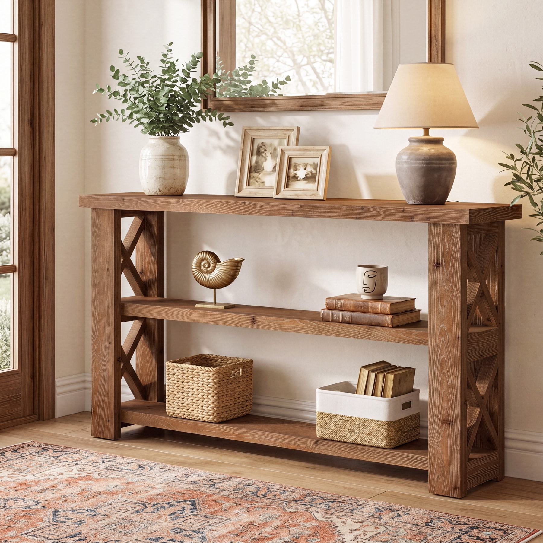 3-Tier Solid Wood Console Table, 63" Sofa Table Behind the Couch