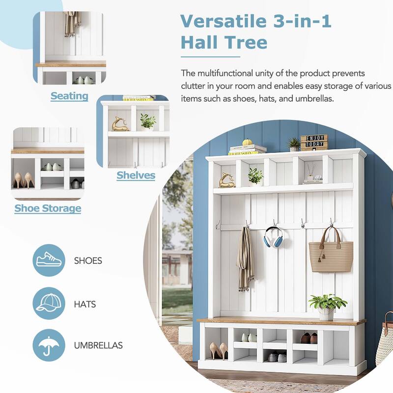 Farmhouse 78''H Hall Tree with Wide Storage Seating Bench
