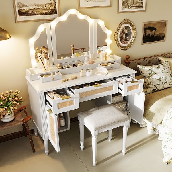 Large Vanity Table with Drawers and ShelvesVanity Desk with Mirror and LightsCushioned Stool - Bed Bath & Beyond - 40976482 Large Vanity Table with Drawers and ShelvesVanity Desk with Mirror and LightsCushioned Stool - Bed Bath & Beyond - 40976482