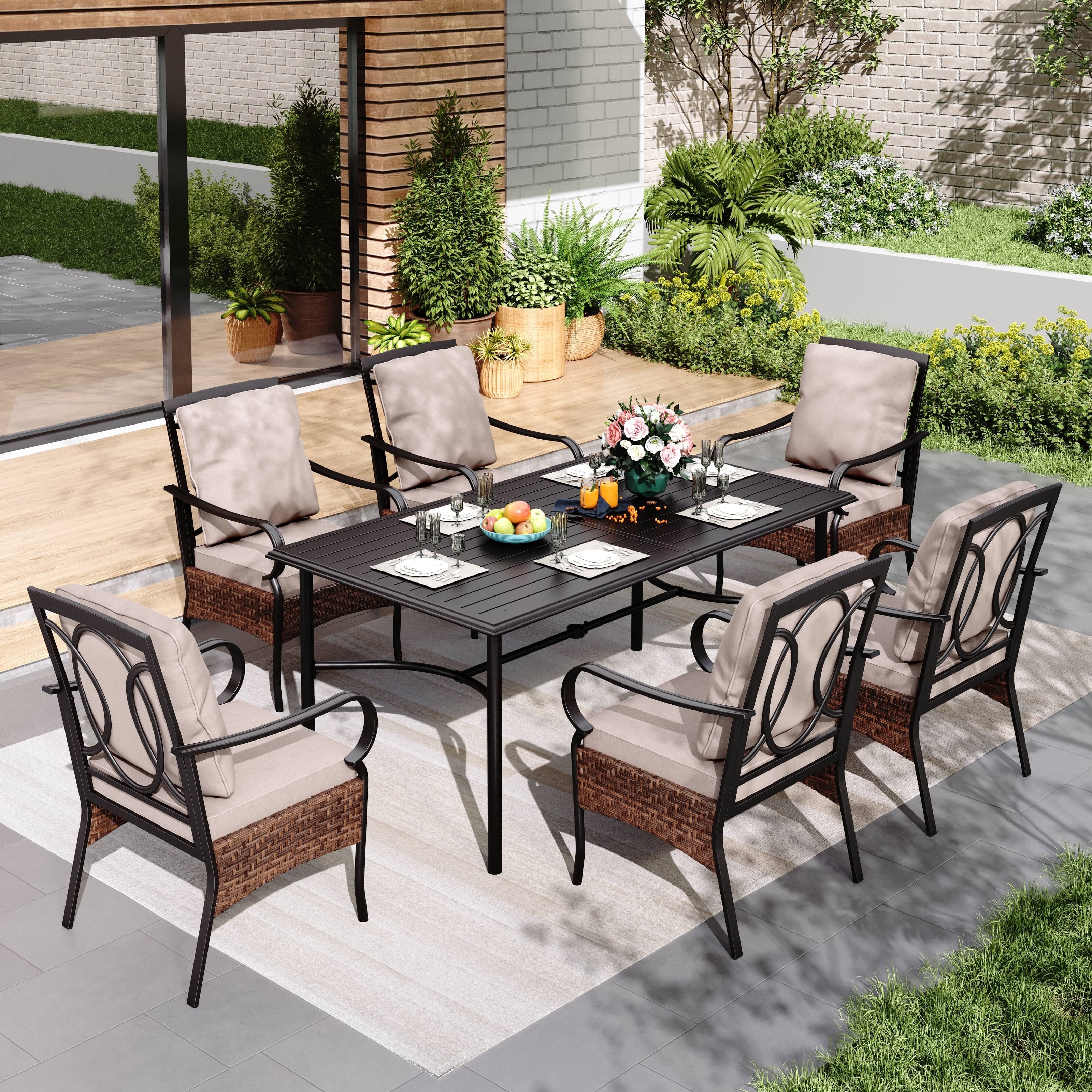 MAISON ARTS 7 Pieces Patio Dining Set with Metal Rectangular Dining Table and Swivel Chairs