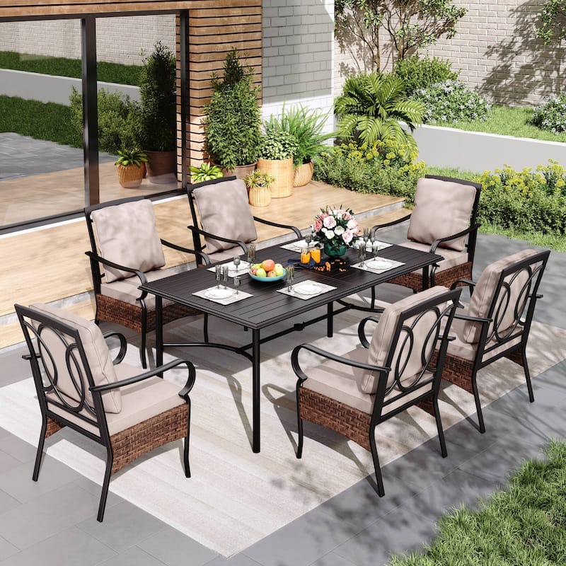 MAISON ARTS 7 Pieces Patio Dining Set with Metal Rectangular Dining Table and Swivel Chairs - +Fixed Chairs