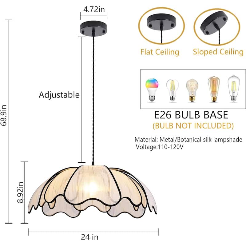 24 inch chandelier light black/white hanging light metal + plant silk pendant light