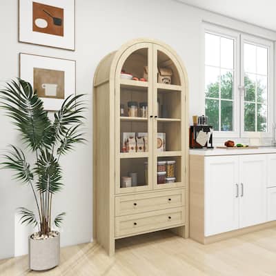 Wood Storage Cabinets with Magnetic Door Catcher, Tall Arched Kitchen Cabinet, Display Cabinet with Adjustable Shelves