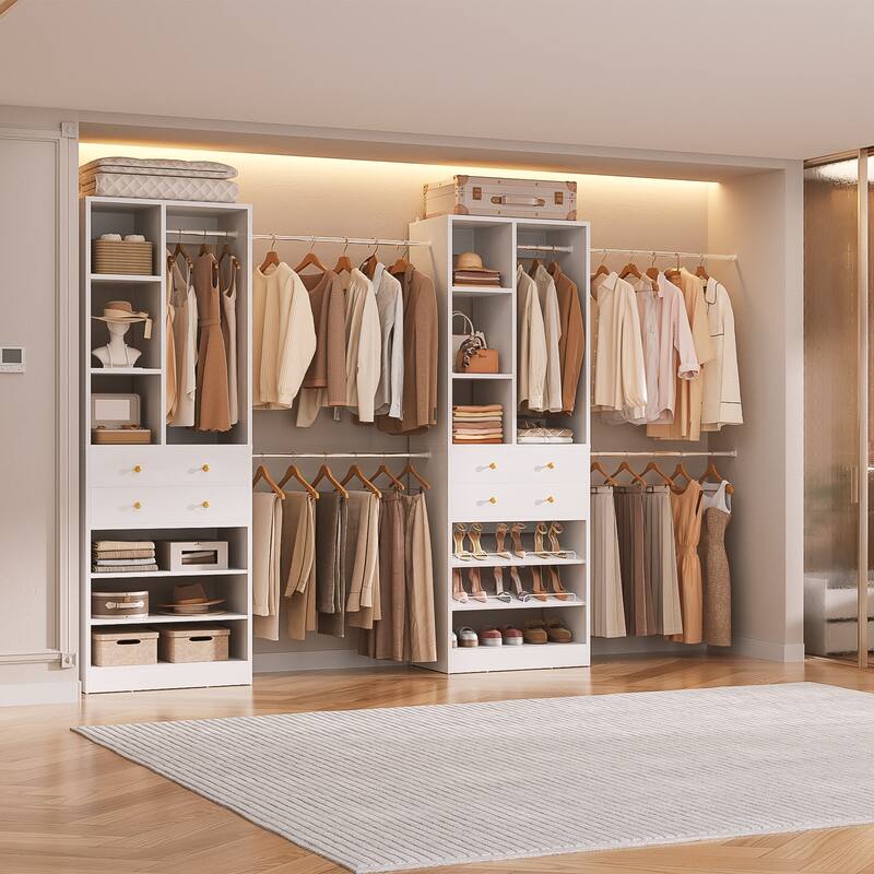 Set of 2 Closet System with 6 Hanging Rods and 4 Drawers, Adjustable Closet System with Shelves and Shoe Rack