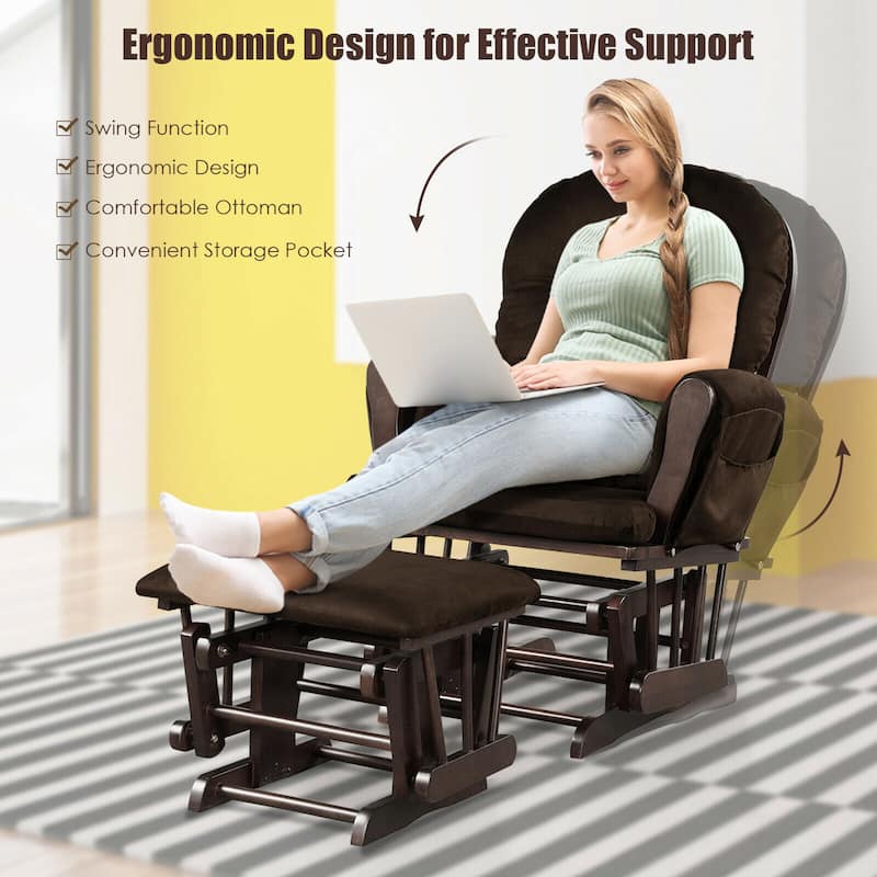 Gymax Glider and Ottoman Cushion Set Wood Baby Nursery Rocking Chair