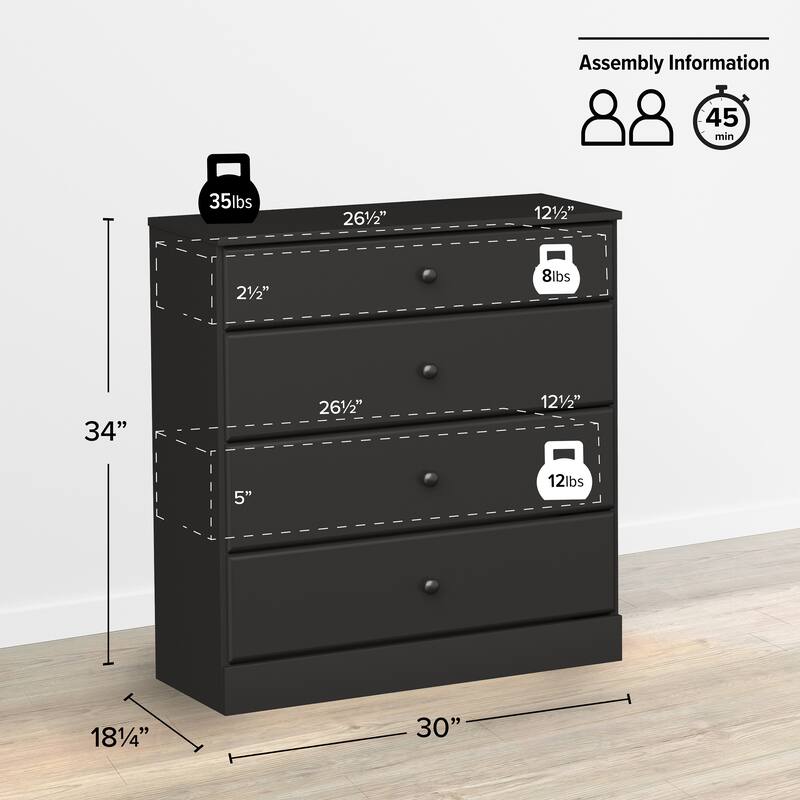 Prepac Astrid 4 Drawer Dresser for Bedroom, Chest of Drawers, Bedroom Furniture, Clothes Storage and Organizer