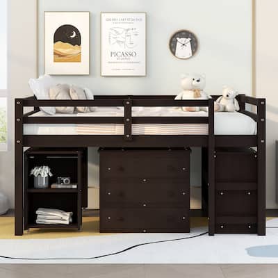 Full Size Loft Bed with Storage Drawers and Rolling Desk, Pine Wood Frame