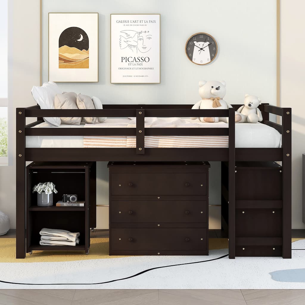 Full Size Loft Bed with Storage Drawers and Rolling Desk, Pine Wood Frame