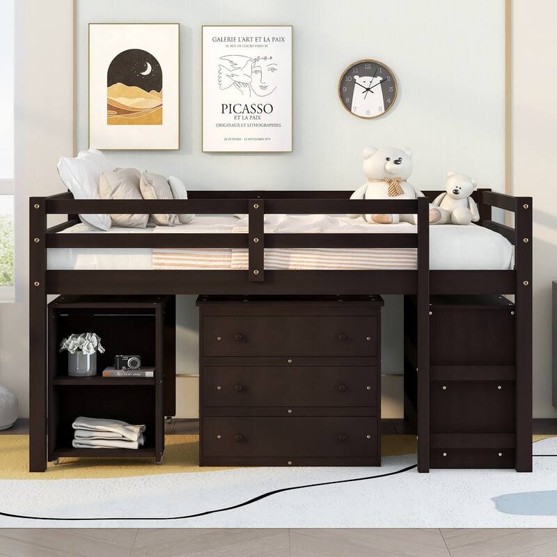 Multiple Functions Low Loft Bed with Cabinet, Shelves and Rolling Portable Desk