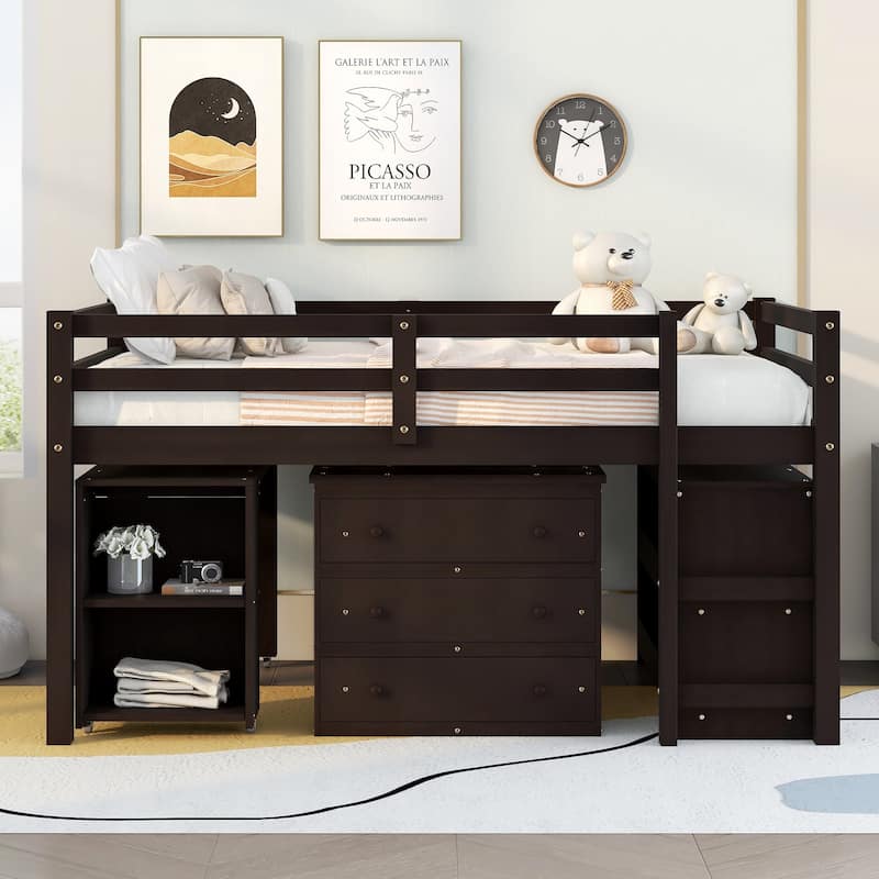 Twin/Full Size Low Loft Bed with Cabinet and Mobile Desk, Space-Saving Design