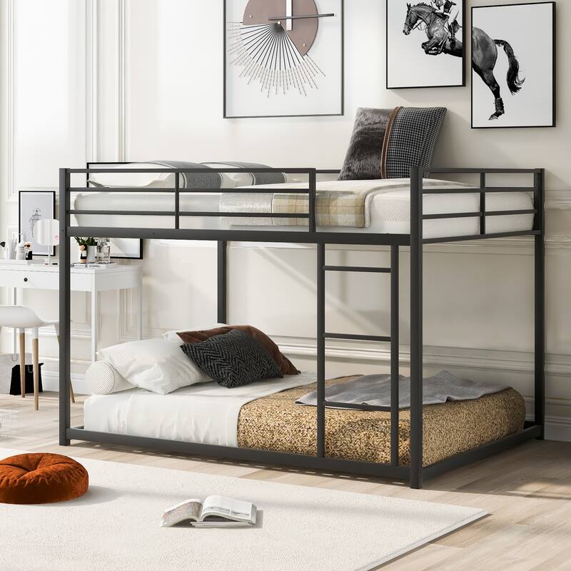 Metal Bunk Bed, Low Bunk Bed With Ladder - Black-2 - Full