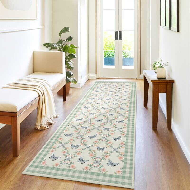 Butterfly Pattern Rugs for Living Room, Modern Floral Area Rug, Washable Border Plaid Non Slip Floor Carpet - 2'x6' - Green