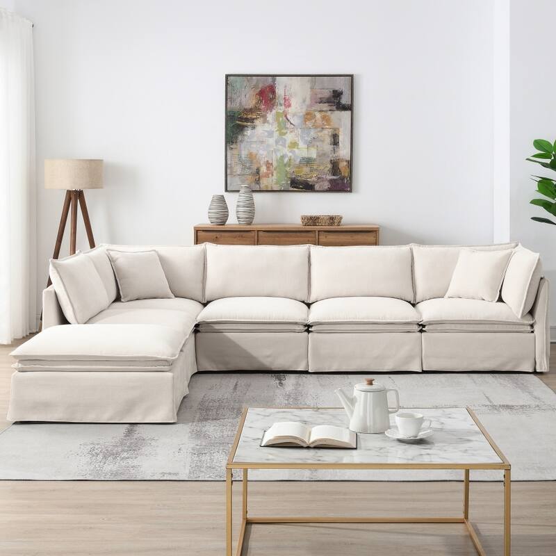 125.5'' Chenille 6-seat Modular L-shaped Sectional Sofa with Movable Ottoman - Off White