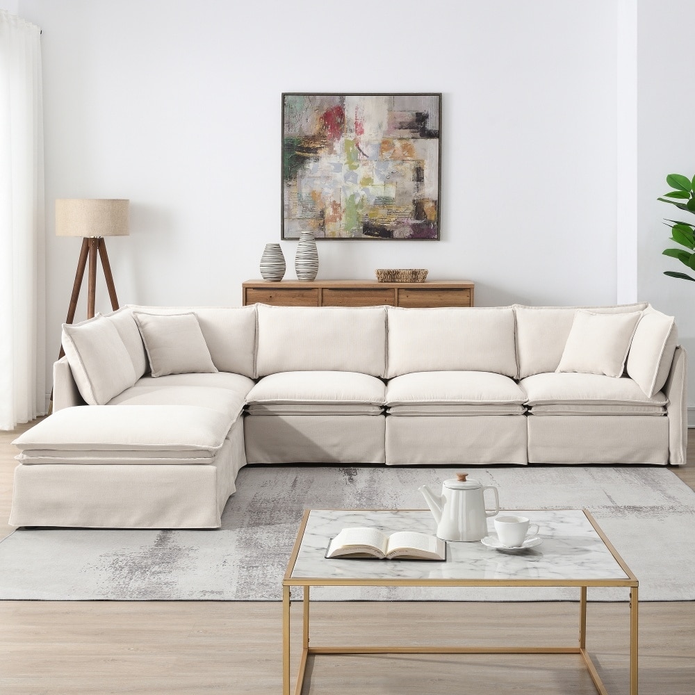 125.5'' Chenille 6-seat Modular L-shaped Sectional Sofa with Movable Ottoman