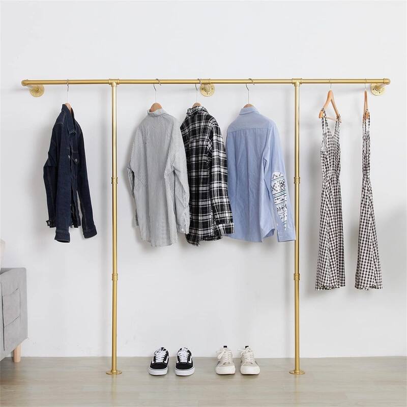 Industrial Pipe Clothes Rack - 11.8"D x 80.7"W x 63"H - Gold
