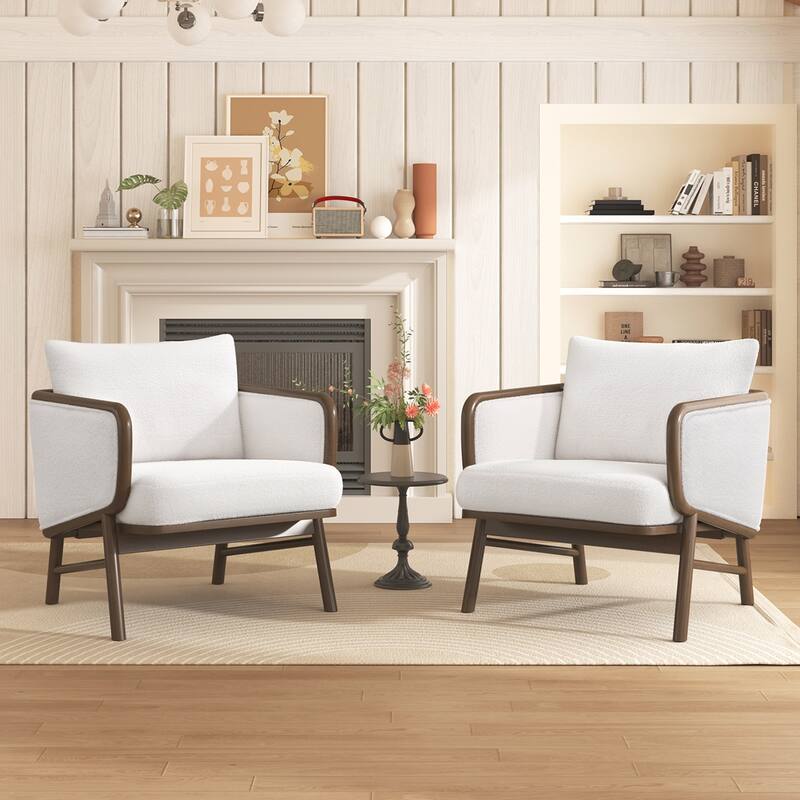 2PCS Sherpa Fabric Armchair With Solid Wood Frame - White