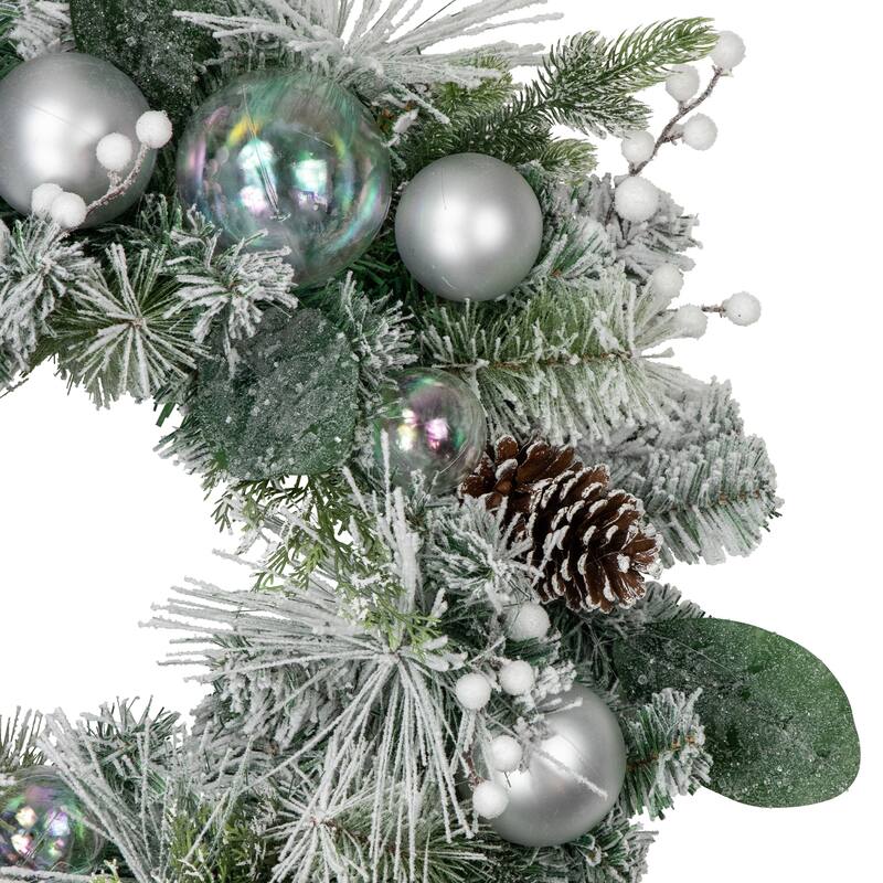 Flocked Pine Artificial Christmas Wreath Iridescent Ornaments 24"