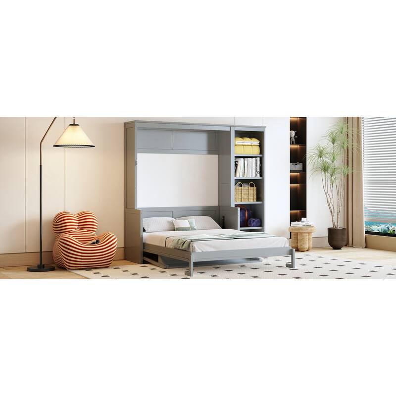 Space-Saving Full Size Murphy Bed with Built-in Desk and Bookshelves in Gray