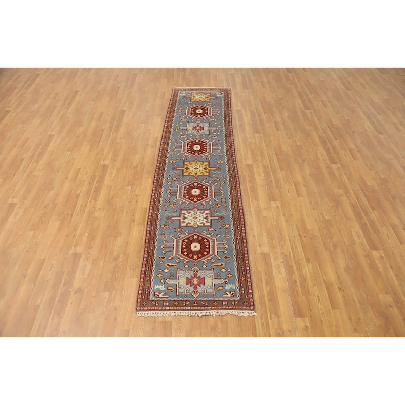 Hand-knotted Traditional Wool Blue Geometric Oriental Area Rug - 9' 8'' X 2' 6''